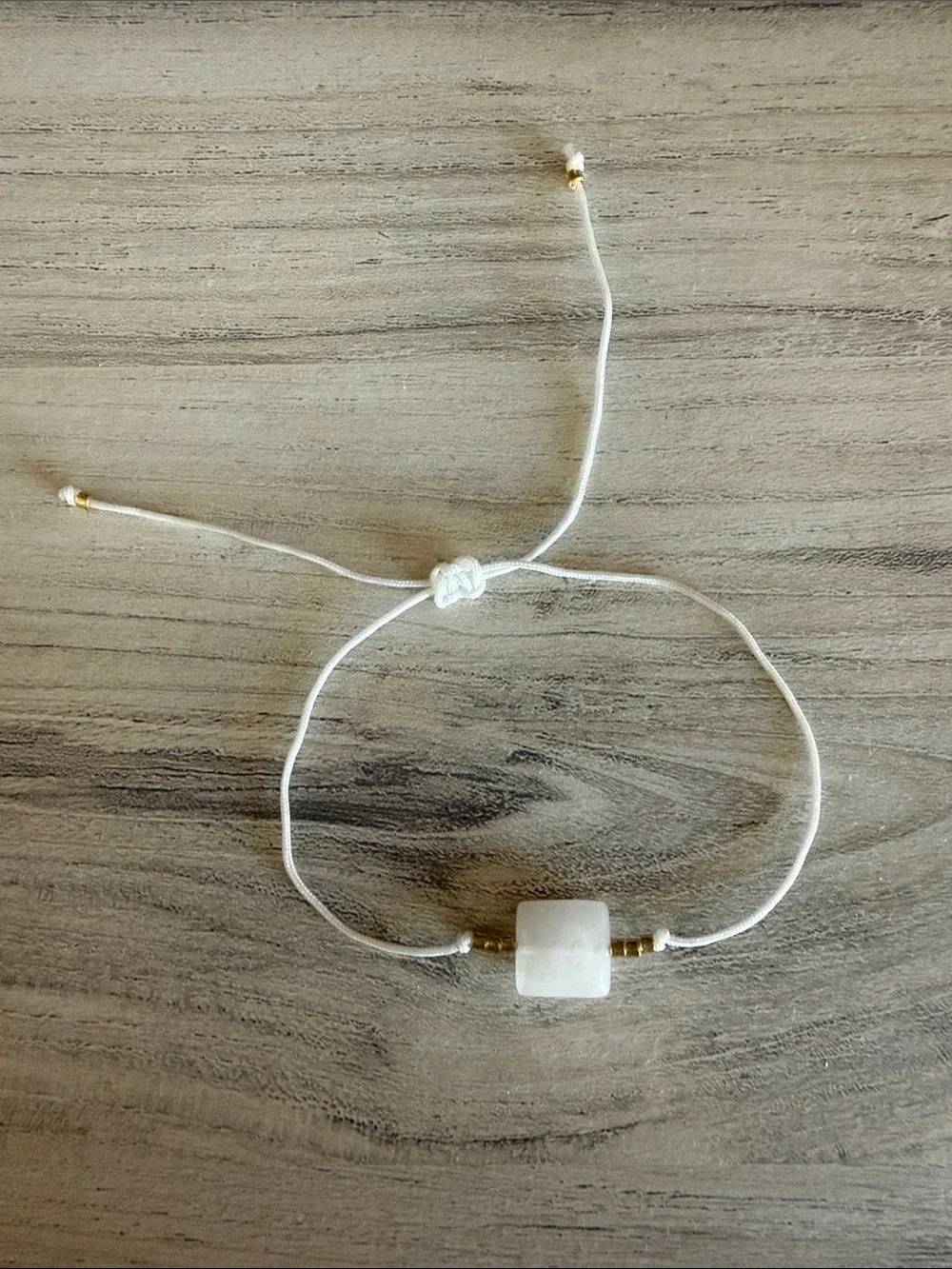 Adjustable White Beaded Cord Bracelet with Square Stone
